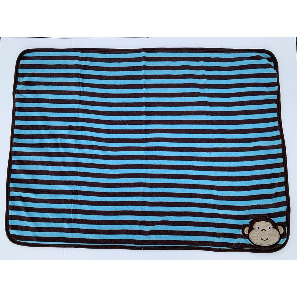Carters Monkey Face Cotton Baby Receiving Blanket One Size Brown w/ Blue Stripes